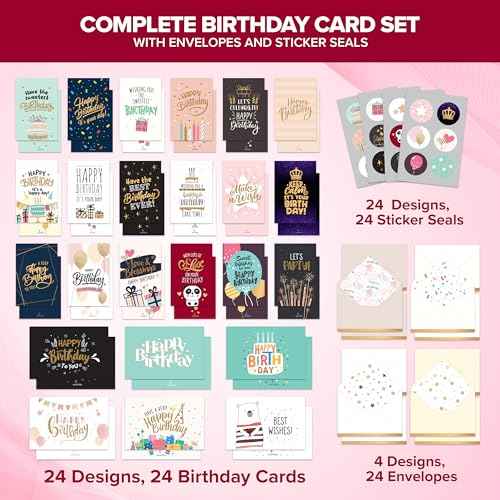 Decorably 24 Pack Foiled and Glittery 6x4in Assorted Birthday Cards with Envelopes and Stickers, 24 Unique Designs Box of Birthday Cards with Envelopes with Printed Message Inside