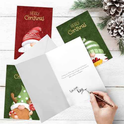 easykart labels 60 Christmas Gnome Cards with Envelopes & Sealing Stickers, 4 Christmas Theme Santa Designs With Gold Foling effect, 6.75" x 4.5" For Friends, Family and loved Ones