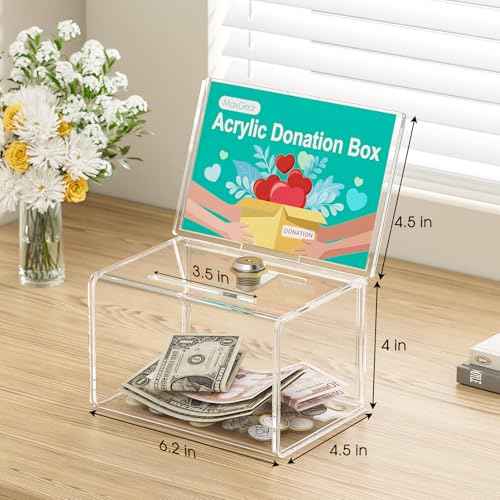 MaxGear Acrylic Donation Box with Lock 3 Pack, Large Ballot Box with Sign Holder, Clear Storage Container for Voting, Charity, Ballot, Suggestion 6.25" x 4.5" x 4"