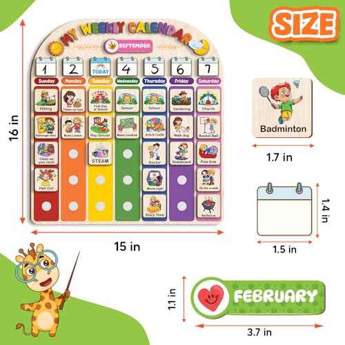 Wooden Weekly Calendar for Kids, Kids Weekly Planner, Large Week's Routine 15x16 inch 194 Cards, Daily Weekly Routine for Boys Girls Age 3+