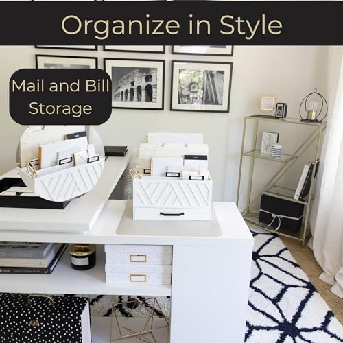 BLU MONACO White Desktop Mail Organizer ? Three-Tiered with Gold Label Holders and Drawer ? Stylish Mail Holder and Countertop Document Storage for Home or Office