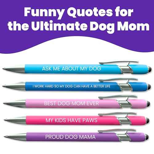 rubyloo Funny Dog Mom Gift Pen Set ? 5 Black Ink Ballpoint Pens with Stylus Tips & Quality Metal Barrels with Hilarious Doggy Quotes ? Cute Dog Mom Gift for Women for Christmas, Stockings, Birthdays