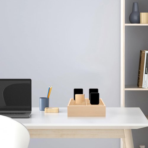 VILLCASE 12 Grids Cell Phone Storage Box: Wooden Holder - Multi-Compartment Calculator - Desk Organizer for Classroom Office