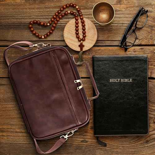 Bible Cover Case for Men, Large Leather Bag with Study Supplies, Journaling Kit Book Carrying Case with Highlighters Pens, Gel Pens, and Bible Tabs, Leather Bookmarks for Christian Chirstmas Gifts