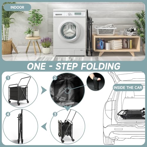 Folding Shopping Cart for Groceries, Grocery Cart on Wheels, 360¡ÆRolling Swivel Wheels Portable Heavy Duty Utility Cart for Shopping, Grocery, Laundry (X-Large)