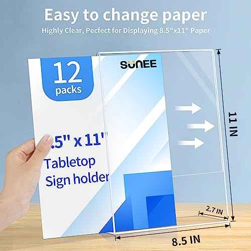 SUNEE 12 packs Clear Plastic Sign Holders for 8.5x11 Paper, Vertical L-shape Frame for Displaying Signs and Menus