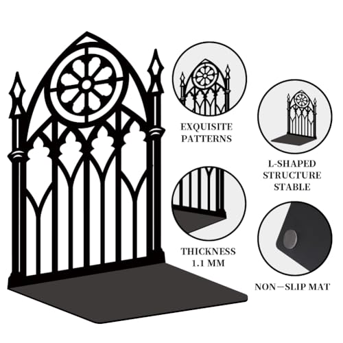 BEUNITONE Gothic Gate Book Ends Decorative Metal Shelving Organizer for Heavy Books