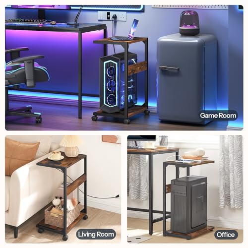 HOOBRO Rustic Brown 2-Tier Computer Tower Stand with Charging Station, Locking Casters