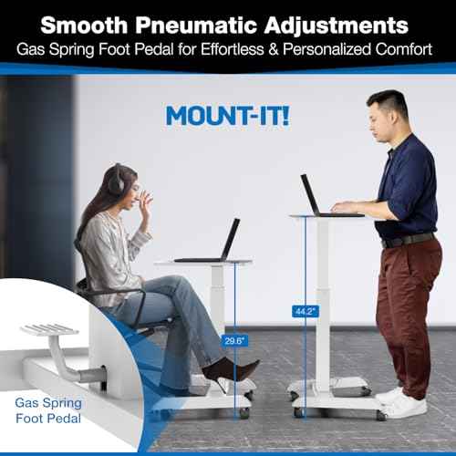 Mount-It! Adjustable Rolling Laptop Desk, Mobile Standing Desk with Wheels, Small Sit-Stand Computer Cart for Home, Office, or Classroom, 29.6?44.2" Height, 23.6"x20.5" Desktop, White