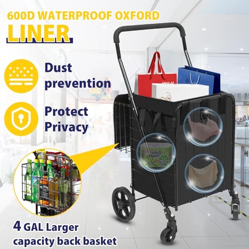 Siffler Collapsible Shopping Cart with Double Basket & Waterproof Liner - Grocery, Laundry & Travel Foldable Cart, 360¡Æ Swiveling Wheels, Medium Size with Carry Bag
