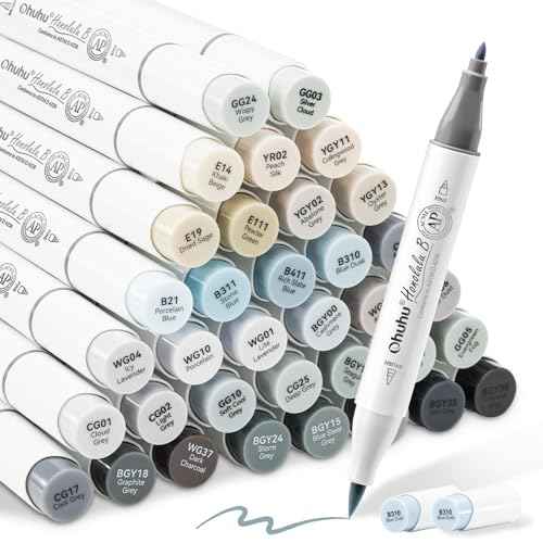 Ohuhu Alcohol Markers Brush Tip Grey-tone - Double Tipped Alcohol Based Art Marker Set for Artist Adults' Coloring Illustration Shading - 36 Grayscale Colors w/ 1 Blender - Fine & Brush - Honolulu B
