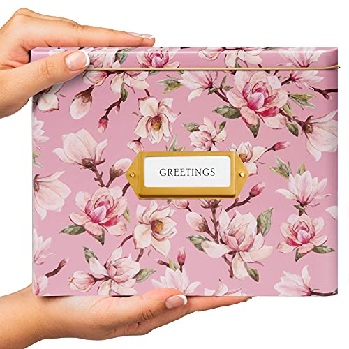 Jot & Mark Greeting Card Organizer Box Set | Decorative Recipe Tin Box, Tab Dividers, Matching Greeting Cards and Envelopes