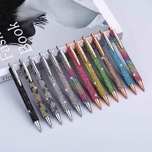 Seajan 24 Pcs Rhinestone Diamond Ballpoint Pens Writing Bling Metal Pens for Women Retractable Black Ink Gift Pens with 24 Replacement Refills for Office Birthday 0.7mm, 12 Colors