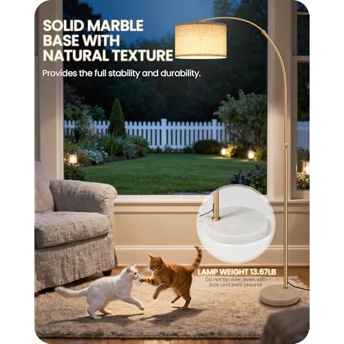 75" Arc Floor Lamp with Marble Base and Adjustable Height, Rotating Hanging Shade, Dimmable Gold Floor Lamp for Living Room with Remote and Foot Switch, 3 Color Temperatures, Timer, DE15LD05