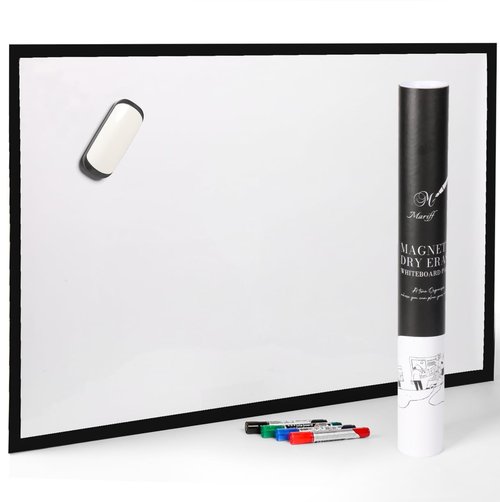 Mariff Magnetic Dry Erase Whiteboard Paper | 24x36 Self-Adhesive White Board Wall Paper & Fridge White Board for Office, Home, Kitchen | Includes 4 Markers & Magnetic Eraser | Easy to Clean