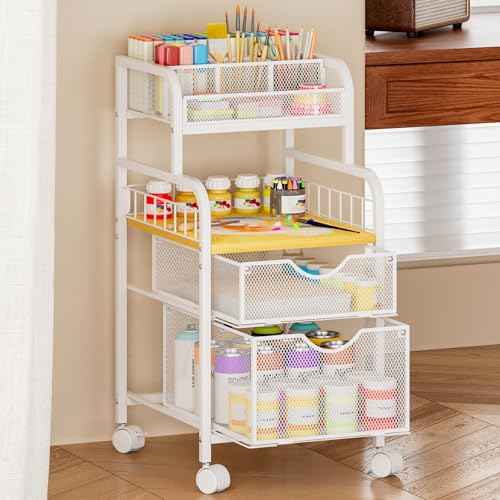 SWTYMIKI Rolling Cart with Drawers - Metal Utility Cart with Wood Shelf, DIY Divider and Locking Wheels, Craft & Art Cart Organizer for Under Desk Storage for Home Office Studio, White