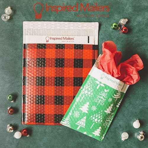 Bubble Mailers 6x9" - Red Christmas Trees with Writable Area - 25 Pack - Holiday Poly Padded Envelopes and Bubble Shipping Mailers
