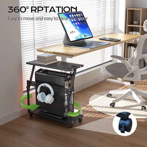 24In Large PC Stand, 5 Levels Height Adjustable Computer Tower Stand with Charging Station, Wheels and Hooks, CPU Holder Cart for Floor, Carpet and Under Desk, Easy Assembly£¨with Power Strips£©