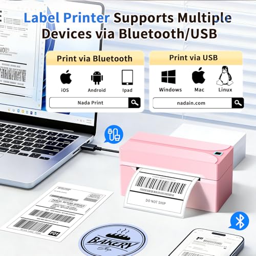 Pink Bluetooth Thermal Label Printer 4x6 Shipping Labels for Shopify & More