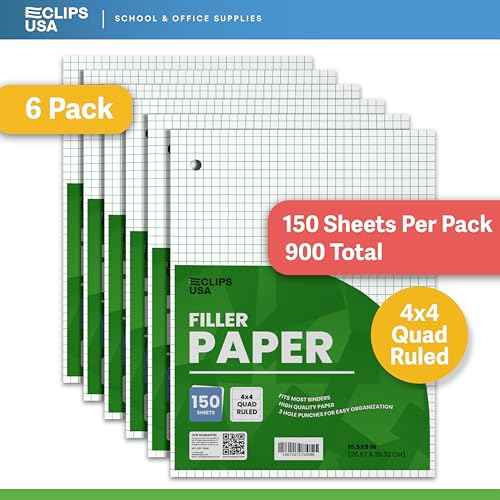 Graph Paper, Loose Leaf Graph Paper, 4 x 4 An Inch Quad Ruled Graph Paper, 10.5¡± x 8¡± Graphing Paper, 56 gsm, 150 Per Pack, 900 Sheets (6 Pack)