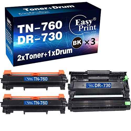EASYPRINT Compatible 2-Pack TN760 TN-760 Toner Cartridge & 1-Pack DR-730 DR730 Drum Unit Used for Brother DCP-L2550DW HL-L2350DW L2370DW L2390DW L2395DW MFC-L2710DW, (Total 3-Pack, Toner with Drum)