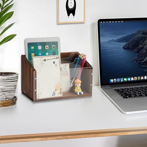 Mail Organizer with Clear Acrylic Dividers - Wooden Letter Holder for Desk, 3 Slot Mail Sorter Wall Mounted, Desktop Envelope Caddy for Home Office Organize Document Bill Mail Inbox Outbox