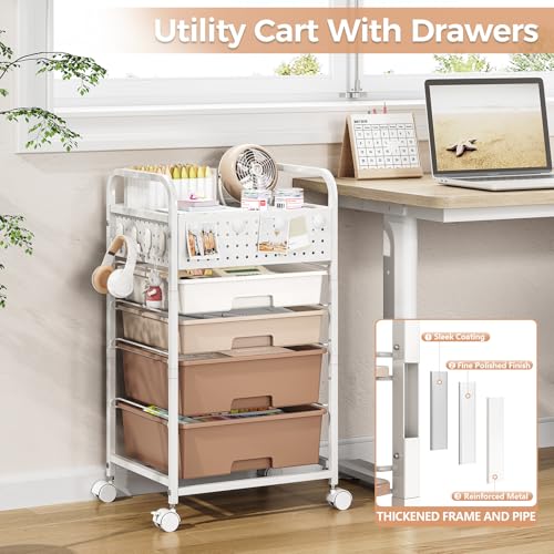 SYKIARIOL 4-Drawer Rolling Storage Cart with Pegboard Top, Brown