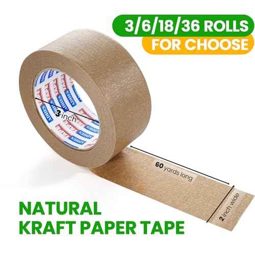 ADHES Kraft Paper Tape, 2 Inch x 60 Yards x 6 Rolls, Biodegradable Paper Packing Tape Writable & Uncoated Brown Shipping Tape for Shipping, Moving, Sealing