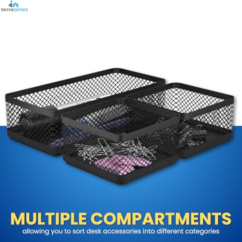 1InTheOffice Mesh Collection Desk Drawer Organizer Tray 3 Compartment - Stackable, Matte Black (2pack)