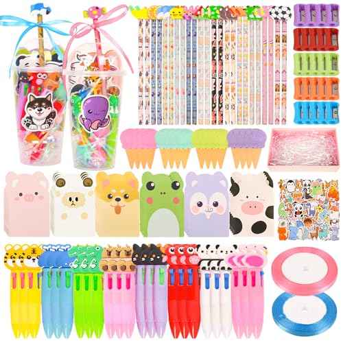 LiYiQ 247 Pcs Return Gifts for Birthday, Student Birthdays Gifts from Teacher, Stationery Set for Classroom Gifts, Pencil Erasers Notesbook Stickers for Classroom Birthday Goodie Bags Rewards Prizes
