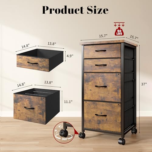 DurayLoly 37" 4-Drawer File Cabinet with Rustic Brown Finish for A4/Letter Size, Anti-Tilt, Home Office