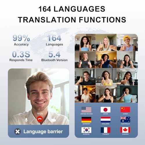 AI Translation Earbuds Real Time,LCD Touchsreen,164 Language Translator Earbuds,70 Hours Audifonos Traductores Ingl?s Espa?ol,Noise Cancelling Translation Headphones with Audio and Video Calls,IPX7