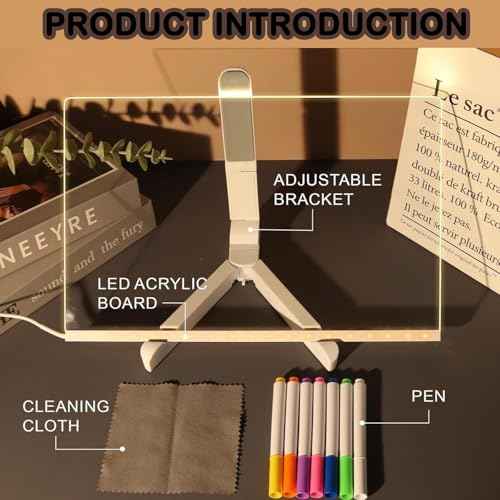 LED Note Board with Colors, Light Up Acrylic Message Board, Glowing Acrylic Dry Erase Board with Light, Led Drawing Board for Kids with Stand, 7 Markers (Large 11.8 * 7.9 inches)