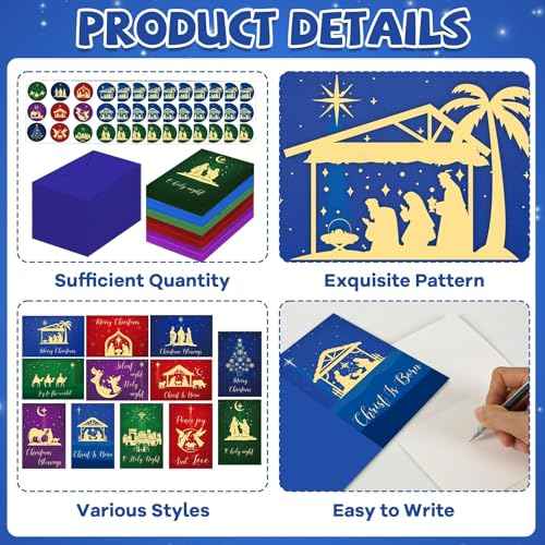 720 Pcs Religious Christmas Cards Bulk Nativity with Envelopes and Stickers Holiday Greeting Cards 12 Assorted Designs Merry Christmas Note Cards Set Blank Inside Religious Theme Xmas Cards