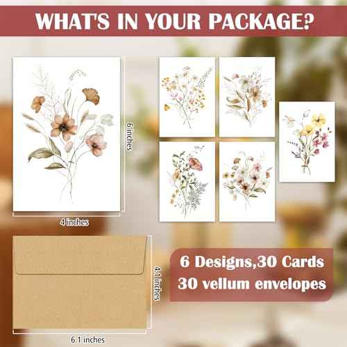 HongyiTime Blank Cards,Blank Greeting Cards 4x6,30 Pack 6 Assorted Floral Designs Blank Greet Cards with envelopes,Note Cards with Envelopes,Blank Cards with Envelopes