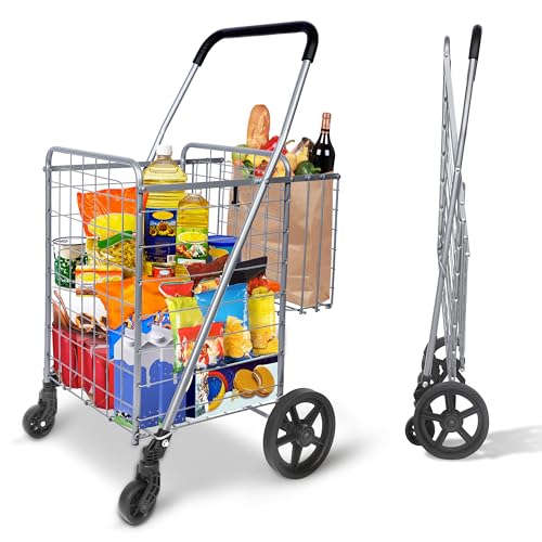 Whitmor Utility Folding Shopping Cart, 115L Heavy Duty Grocery Cart with Double Basket, 360¡Æ Swivel Wheels, Foldable Rolling Utility Trolley, 110 Lbs Capacity for Grocery, Laundry, Travel, Sliver