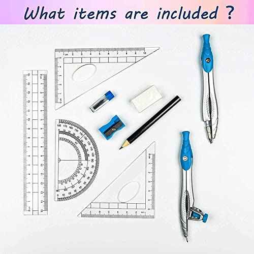 Lifreer Geometry Set,10 Pcs Protractor and Compass Set, Math and Ruler Set for Students, Class Supplies, and School - Essential Compass Geometry Tools for Precision and Quality (Blue)