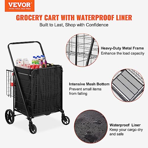 VEVOR Folding Shopping Cart with Removable Waterproof Liner, 210LBS Large Capacity Jumbo Grocery Cart with Dual Basket, 360¡Æ Swivel Wheels, Dense Metal Mesh Base, Heavy Duty Utility Cart for Shopping