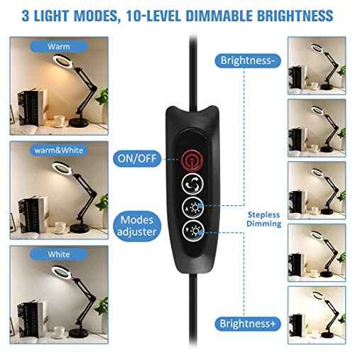 LANCOSC 2-in-1 Magnifying Glass with Light and Stand, 5X Real Glass Lens, 3 Color Modes Stepless Dimmable, Magnifying Desk Lamp & Clamp, LED Lighted Magnifier for Repair, Reading, Crafts, Close Works