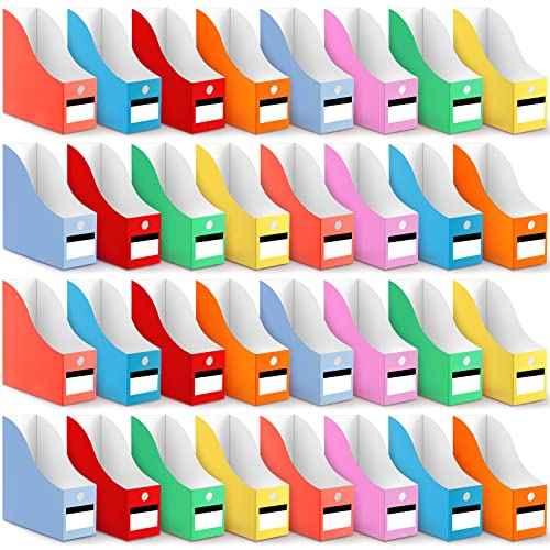 Jutom 32 Pcs Magazine File Holder Set Including Colored Foldable Desk File Holder Organizer White Label Stickers Cat Pen Cardboard Magazine Storage Box for Document School Office(Solid,Classic)