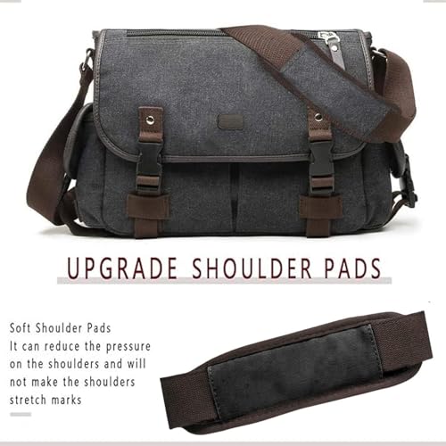 [Upgraded] Vintage Canvas Messenger Bag 13 15.6 17 inches Large Book Laptop Shoulder Bag Women Men New (Black, Large)