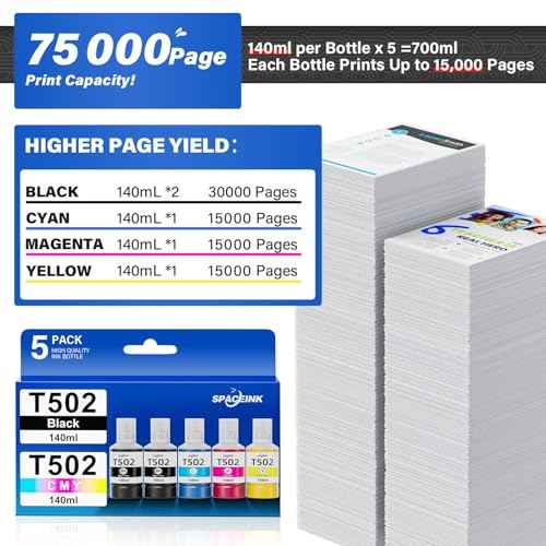 502 Ink Refill Bottles for Ecotank ET-2760 ET-4760 ET-2850 ET-3760 ET-3850 ET-4850 ET-2750 ET-4750 ET-3750 ET-3710 ET-3830 ET-15000 ET-3700 ET-2700 ET-2980 ET-2988 Printer 140ml 5 Bottles(2BK C M Y)