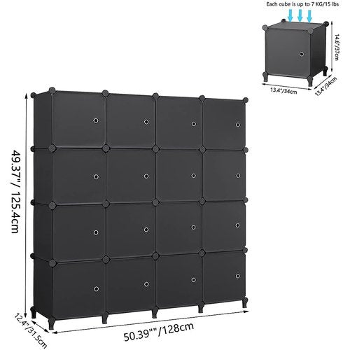 ANWBROAD Cube Storage Organizer, 16-Cube Modular DIY Book Shelf with Doors, Closet Clothes Organizer, Plastic Storage Cubbies Cabinet for Living Room Bedroom Office Black ULCS16BM