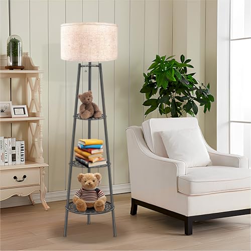 Floor Lamp with Shelves for Living Room£¬ Standing Lamp£¬Tall Lamp£¬ Amparas Elegantes para Sala with Linen Shade£¬Modern Floor Lamp for Living Room£¬Bedroom or Office£¨Black £©