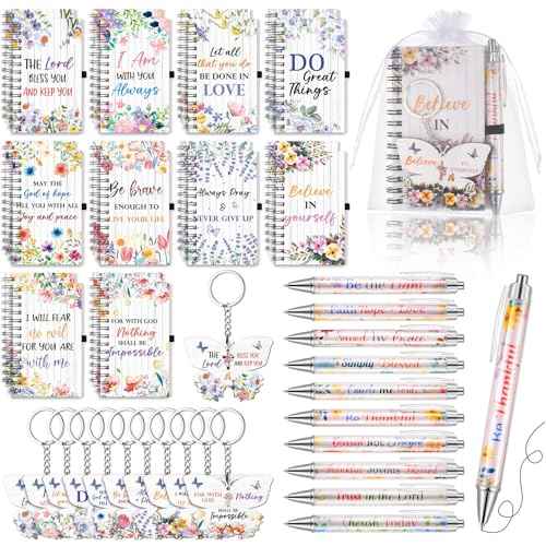 80 Pcs Christian Gifts for Women Bulk Scripture Pens Bible Verse Notebooks Religious Christian Keychains Organza Bags Religious Inspirational Gifts for Women School Office Church Supplies