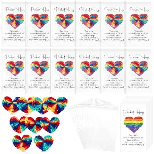 200 Sets Pocket Hug Gift Bulk Rainbow Party Favor Emotional Cheer Support Pride Gift Cute Hand Crocheted Pocket Hug Heart Inspirational Card and Bags Christmas Party Favor for Family Friends