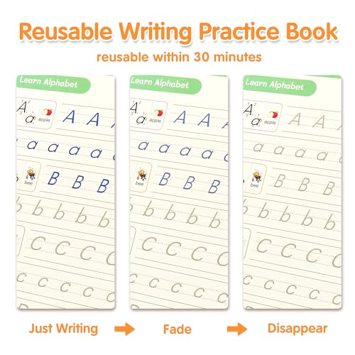 Kids Reusable Handwriting Practice Book Set with Magic Ink, Grooved Tracing Sheets & Refills