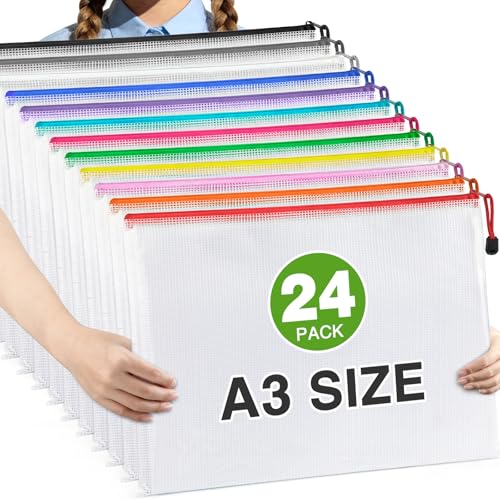 Multicolored 24 Pack A3 Mesh Zipper Bags - Waterproof Storage Pouches