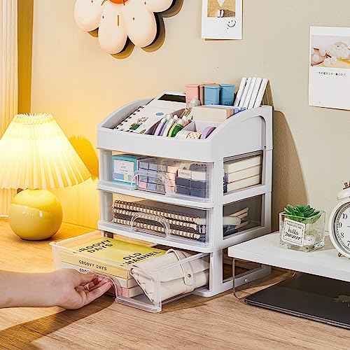 Desk Organizer with Drawers, 3 Drawers Storage Organizer, Desktop Storage Drawers for Office/School Supplies, Plastic Stationary Makeup Organizer, Desk Storage Box for Office, School, Home
