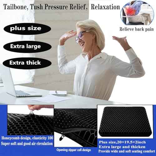 Plus Size Gel Seat Cushion for Long Sitting, Extra Large and Thick, Seat Cushion for Back, Sciatica, Hip, Tailbone Pain Relief, Used for The Office, Wheelchair, Car, Truck, Recliner, Stadium. (Black)